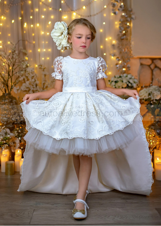 Short Sleeves White Lace Tulle High Low Flower Girl Dress